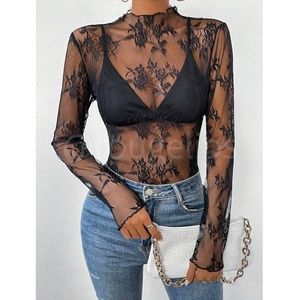Black Lace Sheer Floral Long Sleeve Top Shirt